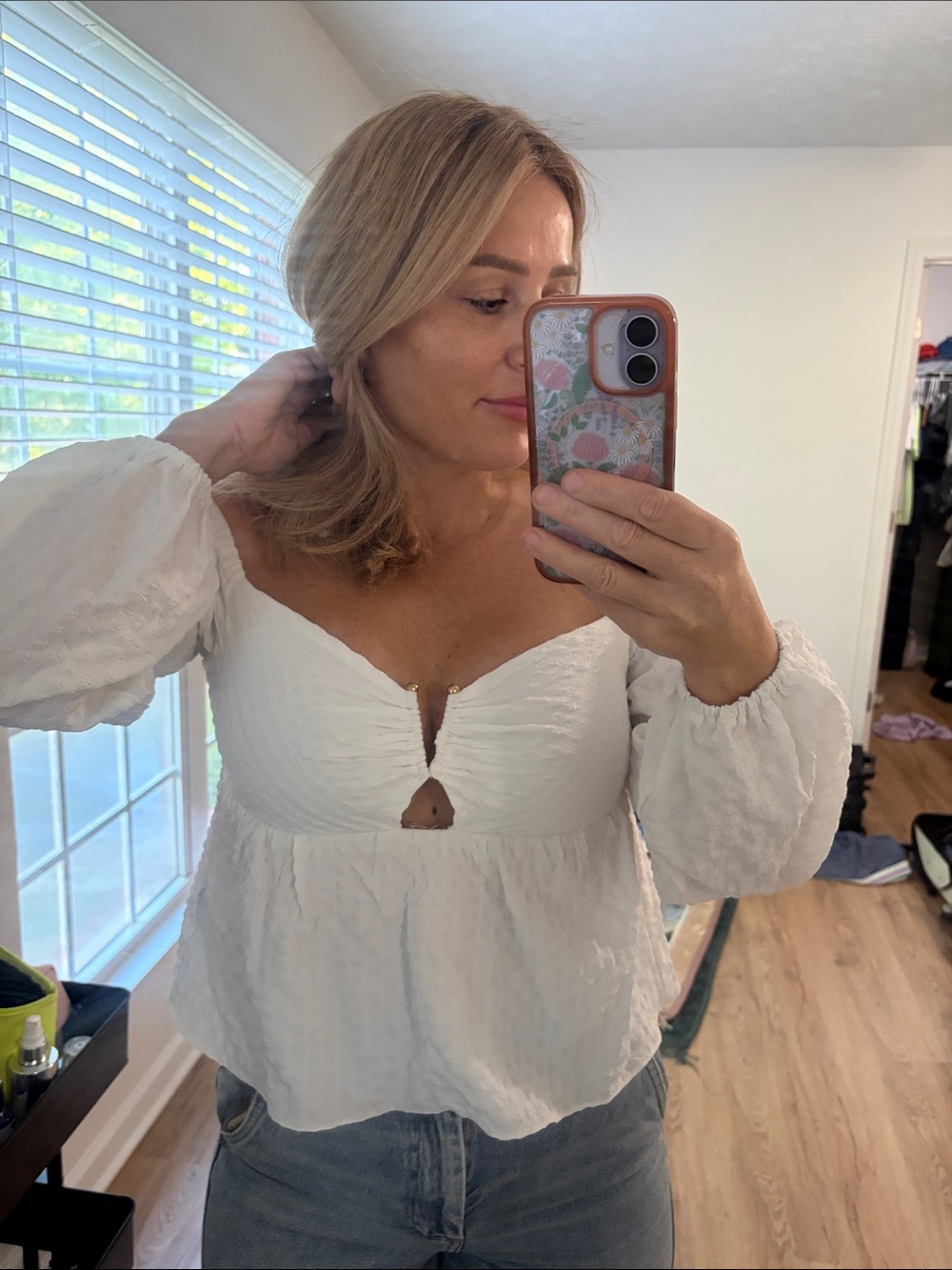 Wayf White Long-Sleeve Peplum Textured Tunic